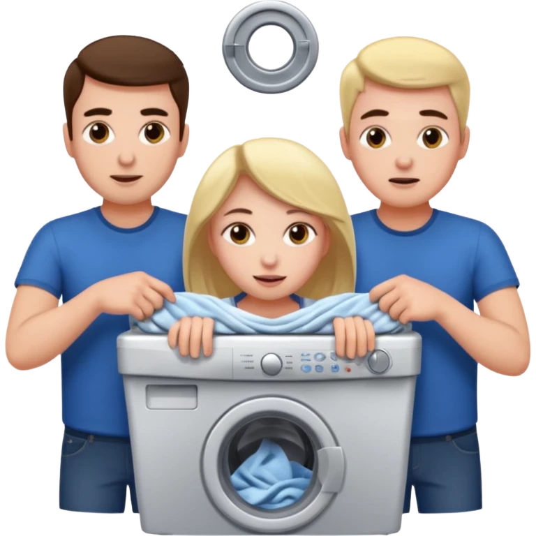 Eine Frau die in der Waschmaschine feststeckt und zwei männer die ihr helfen emoji