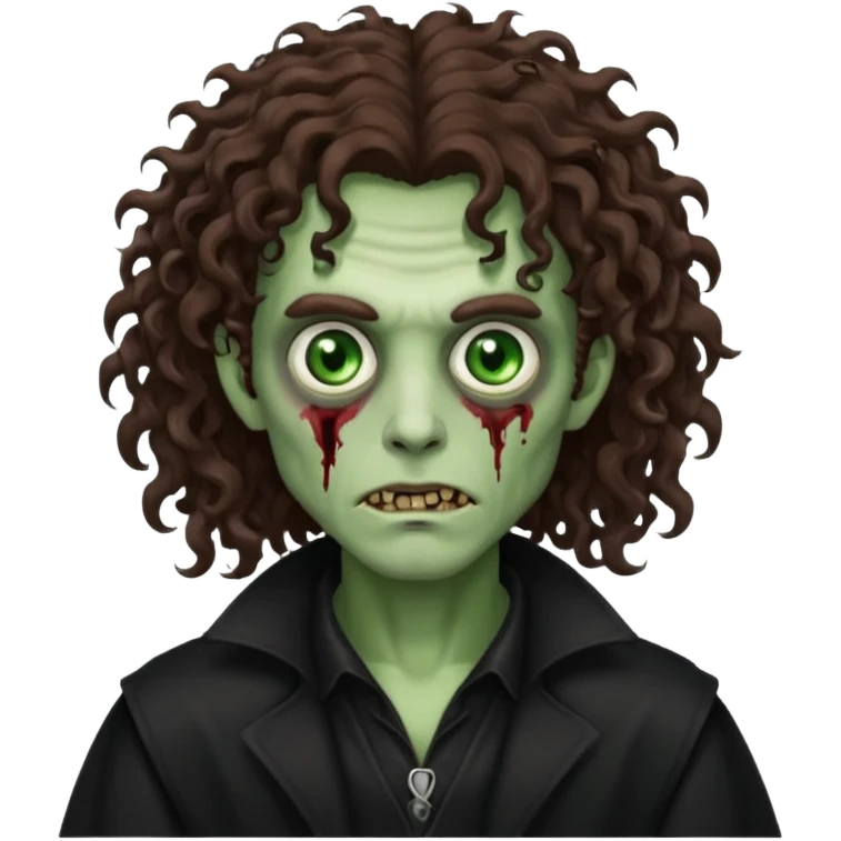 long curly haired male zombie with brown hair color and green eye color, with dark vampire clothes emoji