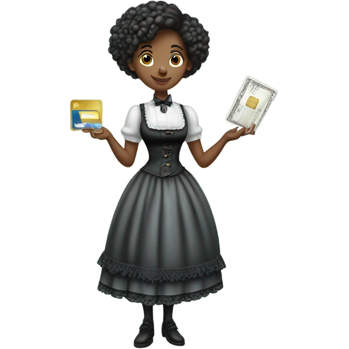 galora waitress Victorian dress elegant full body, holding big credit card emoji