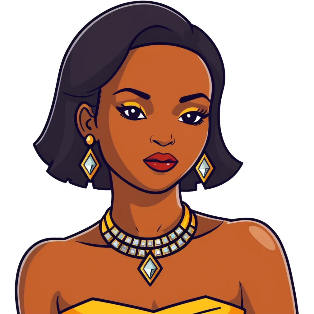 beautiful, curvy African American woman with dark brown skin, straight black hair, bold makeup, gold jewelry, diamonds, confident pose, inspired by Bratz doll emoji
