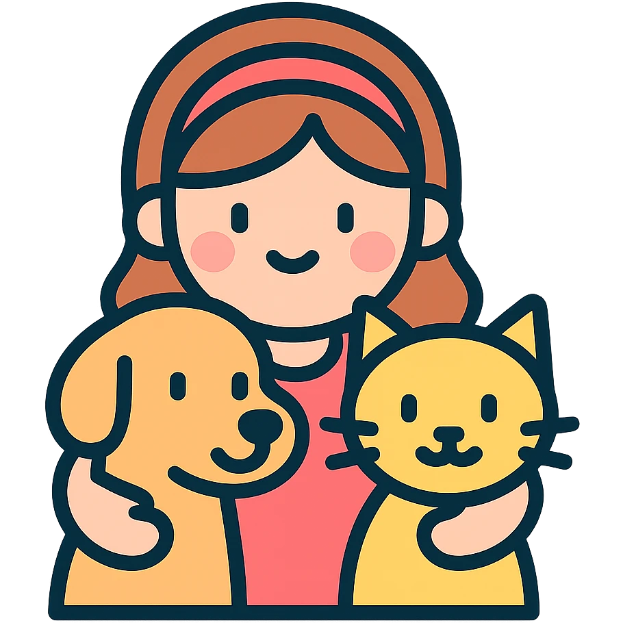 cute little girl hugging a cat and a dog, icon style, rounded shapes, soft pastel colors, friendly and approachable emoji