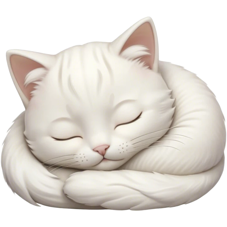 Meme-Worthy Cute Sleeping White Cat Portrait Emoji, Head peacefully tilted with a tender, contented smile and eyes gently closed in serene slumber, featuring a pristine white fur with subtle, delicate silver accents, simplified yet irresistibly adorable, highly detailed, glowing with a soft, drowsy radiance, high shine, exuding calm, heartwarming charm, styled with a gentle, soft glowing outline, capturing the essence of a sleeping white cat that seems destined to become the next viral icon of adorable repose! emoji