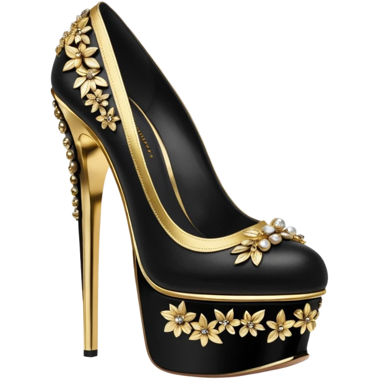 Alexander McQueen brand, black and gold high heel platforms, detailed embellishments. 8k, 5000x5000px, 3D rendering, realistic, isolated still life, no emoji faces no emoji icons no human figures  emoji