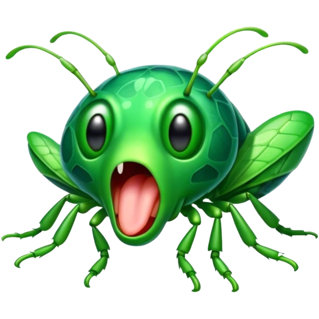 Cinematic Cute Yawning Green Bugdie Portrait Emoji, Head tilted slightly with a dramatic, wide-open yawn, showcasing a smooth, vibrant emerald exoskeleton with delicate patterns and tiny drooping antennae, round multifaceted eyes barely open in drowsy contentment, Simplified yet irresistibly adorable features, highly detailed, glowing with a soft, cozy glow, high shine, relaxed yet expressive, stylized with a touch of whimsy, bright and endearing, soft glowing outline, capturing the essence of a sleepy yet endearing insect, so drowsy it feels like it could stretch out of the screen and curl up for a nap! emoji
