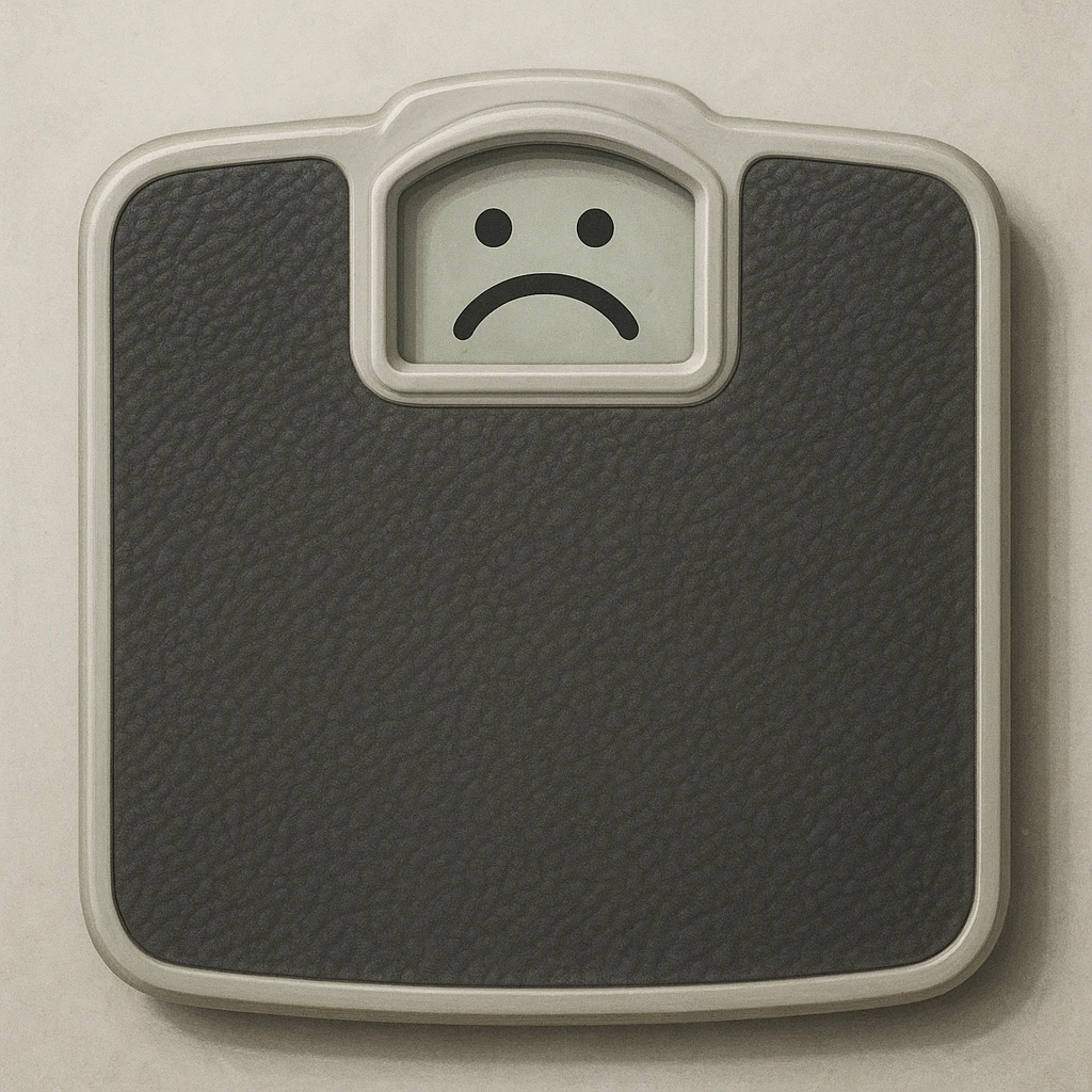 realistic illustration of a weighing scale with a sad face symbol on the display emoji