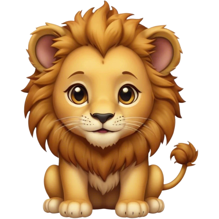 Cinematic Cute Lion Cub Portrait Emoji, Head tilted playfully and inquisitively, featuring a glossy tawny Fur with a lush mane and round, sparkling amber eyes filled with curious mischief, Simplified yet irresistibly adorable features, highly detailed, glowing with a warm, friendly glow, high shine, affectionate and spirited, stylized with a touch of jungle whimsy, bright and endearing, soft glowing outline, capturing the essence of a mischievous yet loving Lion Cub, so playful it feels like it could pounce out of the screen and into your arms! emoji