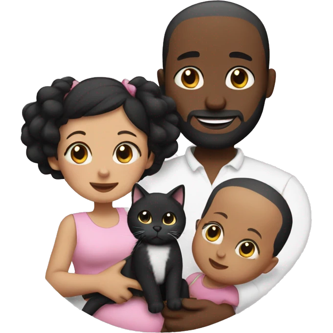Black hair mum and bald dad, one baby girl, one black and white cat   emoji