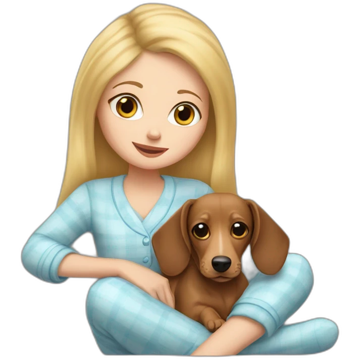 light-eyed white girl in pajamas and her dachshund dog emoji
