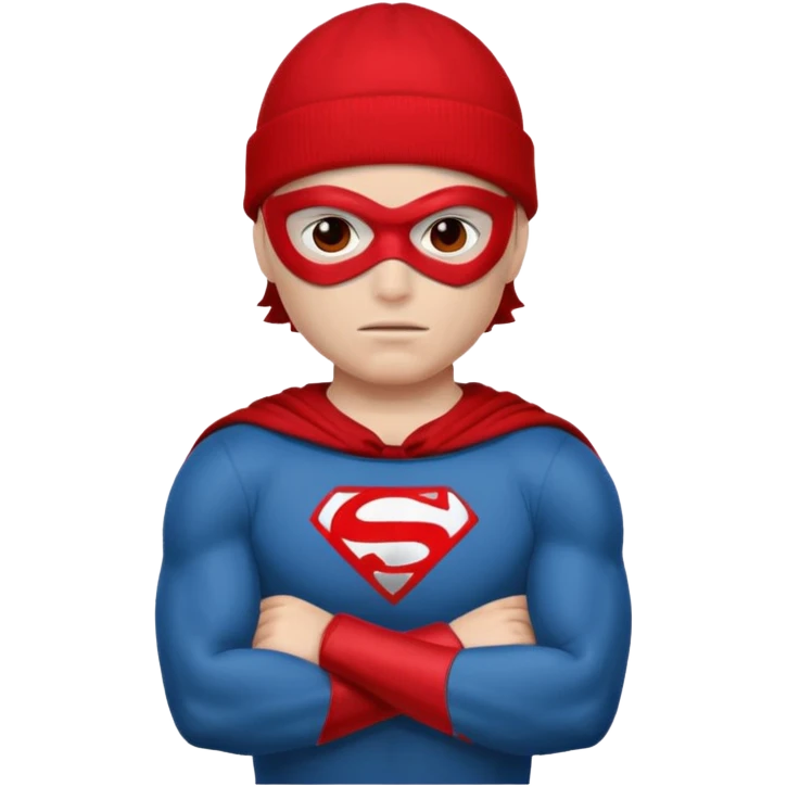Superhero in red beanie and mask, crossed arms, confident pose.

































 emoji