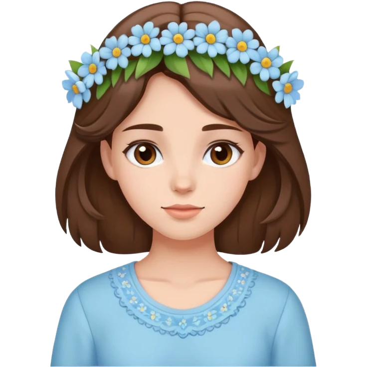 brunette girl with brown hair wearing pastel blue clothes with flowers in her hair emoji