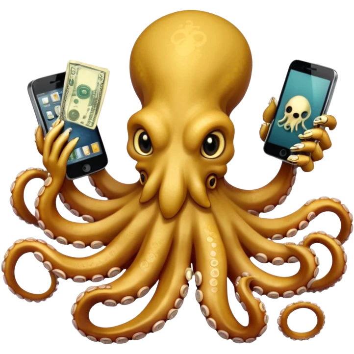 Intimidating octopus made of bones. Evil looking eyes, wearing a gold necklace. 3 tentacles are holding their own cellphone with one held to the side of its face as if its on a phone call, 2 other tentacles are holding stacks of money emoji