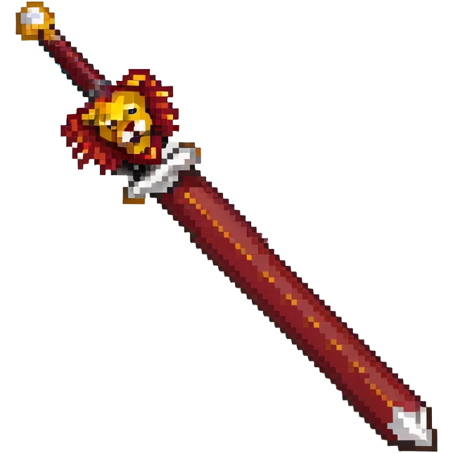 gold colored long sword with deep red handle and a gold lion on the end of the handle emoji