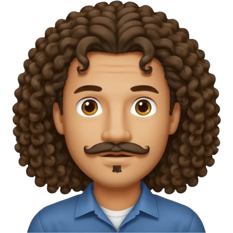 a mixed-race man with long curly hair, a goatee, and a mustache emoji