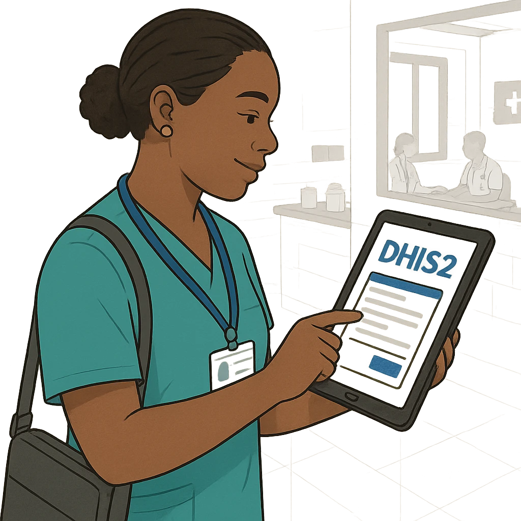 community health worker with a tablet, entering data into DHIS2, healthcare setting emoji