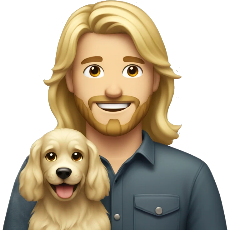 smiling bearded blonde boy with and long hair with dog indoors emoji