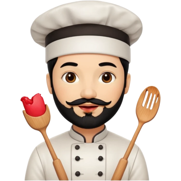 CHEF CON PELO NEGRO Y BARBA NEGRA, OJOS MARRON OSCURO. SONRIE Y TIENE MARCAS DE BESOS CON PINTALABIOS EN FORMA DE LABIOS emoji