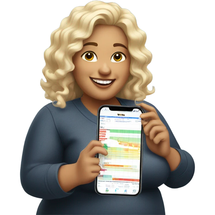 overweight curl blondie woman happy with a smartphone in hands showing charts emoji