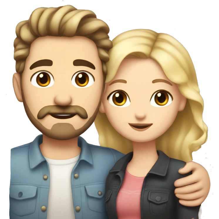 White girl with dark lash line and blonde highlights in her hair, hugging a white guy with short dark brown curly hair and a mustache and face beard trimmed  emoji