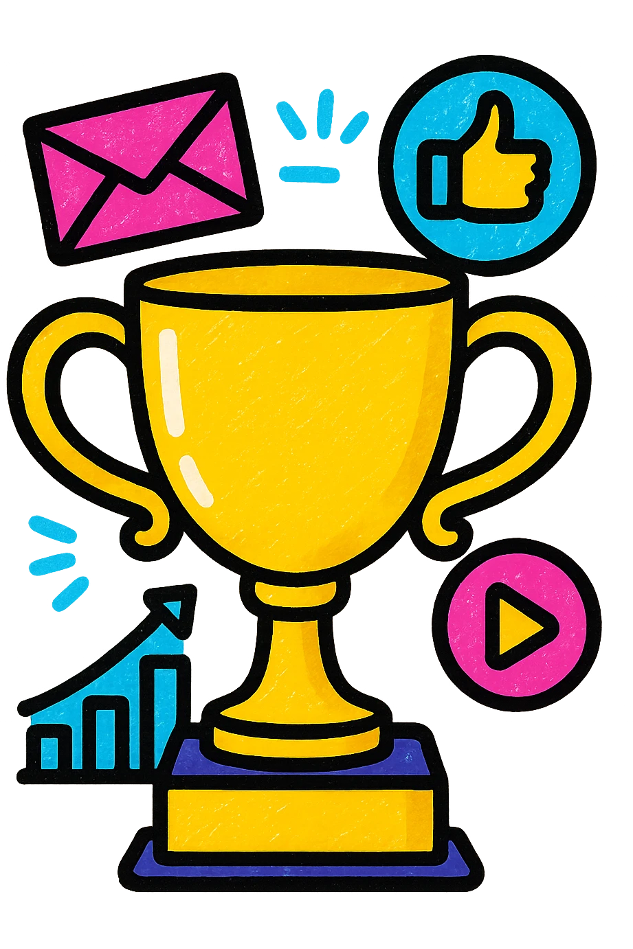 trophy with digital marketing icons including email, social media, analytics, colorful and dynamic, business theme emoji
