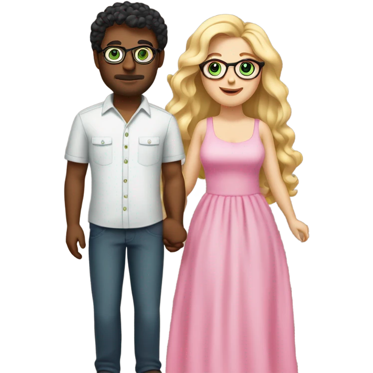 Curvy woman with long blonde hair and green eyes wearing a pink dress and holding hands with a brown man with short curly black hair and glasses emoji