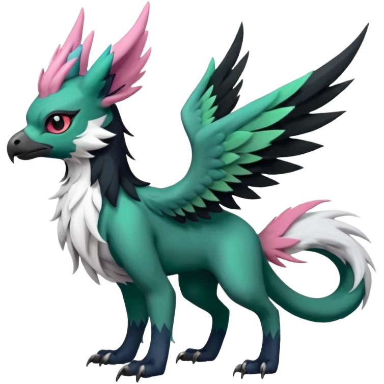 Dark-deep-Emerald-green gryphon-Trico-Nargacuga-Absol-Leafeon-Sprigatito-Silvally-fusion-hybrid with a long tufted tail, black beak, pink accents, black claws, black tail, majestic, realistic, furry (full body) emoji