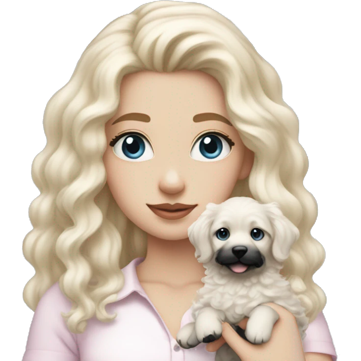 pale blonde girl with long platinum white wavy hair with blue eyes and wearing a light pink shirt holding a black and white curly haired puppy emoji