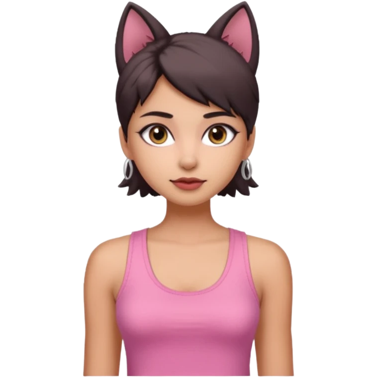 chica morena clara, corte de cabello wolf cut medio, con una blusa de tirantes simple, rosa y coquette emoji