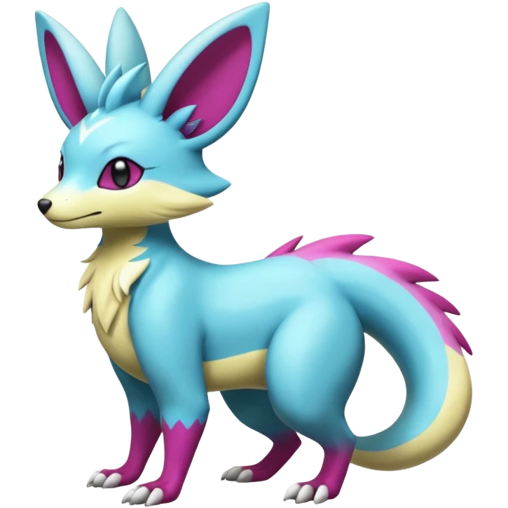 realistic Shiny smooth silky soft Cyan-Yellowish-Magenta Minccino-Zeraora-Emolga-Vernid-Sergal-fusion-hybrid-animal-creature, full body emoji
