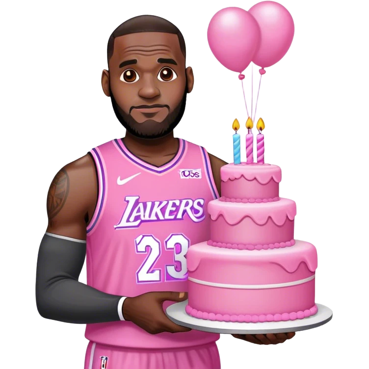 Lebron James wearing his jersey holding a pink pretty birthday cake emoji