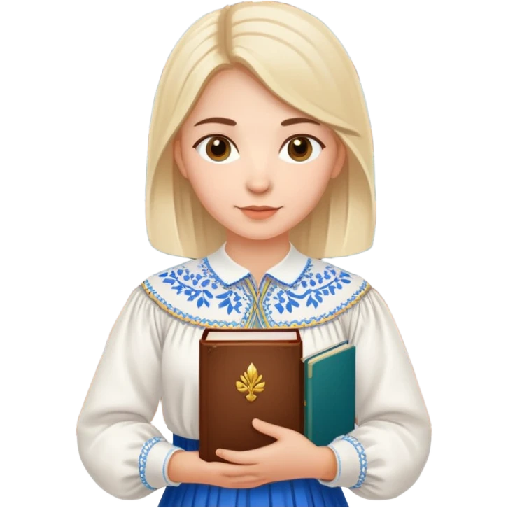 Young Ukrainian librarian wearing a traditional white embroidered vyshyvanka shirt holding books emoji