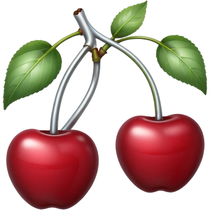 A pair of cherries emoji made of polished silver chrome, smooth rounded shapes, glossy metallic finish, soft highlights and reflections, cute proportions, iOS emoji style, centered, clean white background, no text emoji