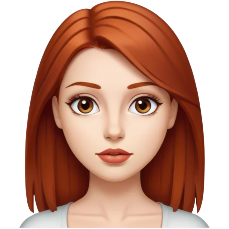 mujer con piel clara, cabello de longitud media, liso y tono rojizo . Sus ojos son grandes y marrones, con cejas bien definidas y labios de tono natural. emoji