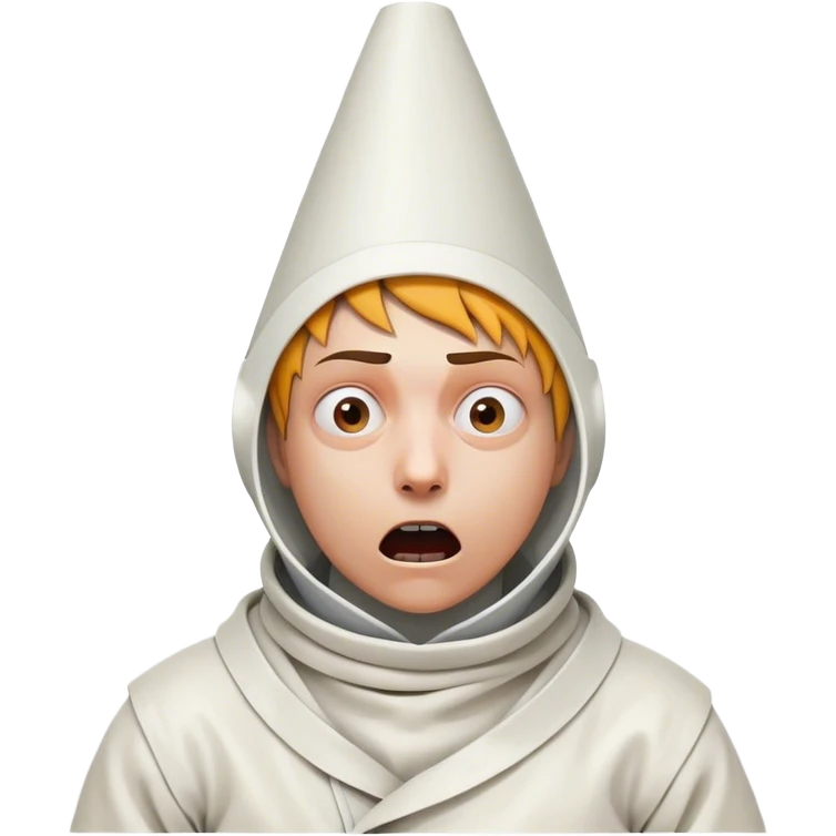 A person wearing a straitjacket and a cone-shaped funnel on their head, with a wild, crazy expression, embodying a chaotic and eccentric appearance emoji