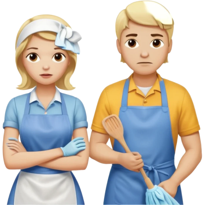 A blonde women cleaning a kitchen while her blonde husband scowls at her emoji