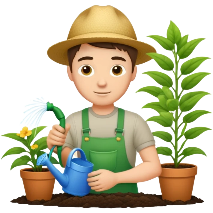 hardworking young white male gardener watering plants emoji