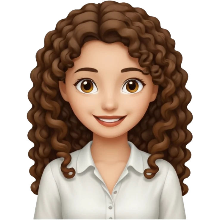 Morena, pele escura, cabelo longo cacheado, pequena e com uma blusa branca sorrindo emoji