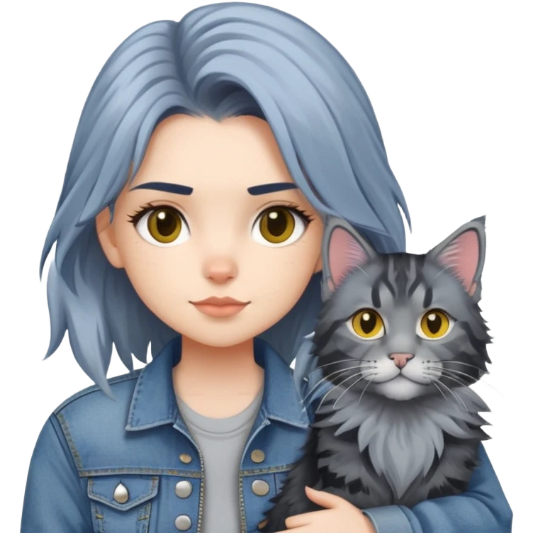 girl with black and yellow hair wearing denim jacket with gray maine coon cat emoji