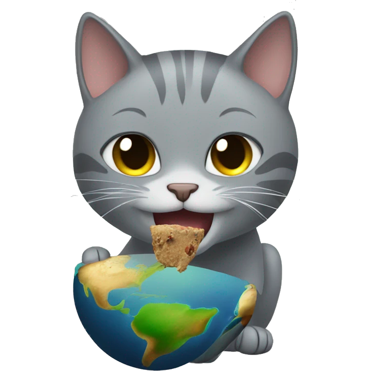 Grey cat eats an earth emoji