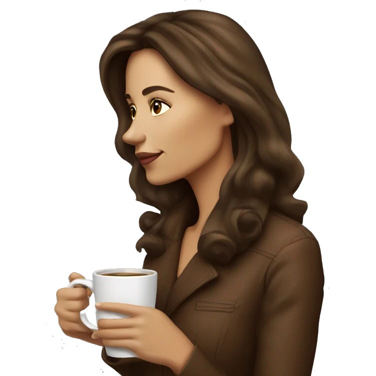 Side view realistic posh brown haired woman drinks coffee emoji