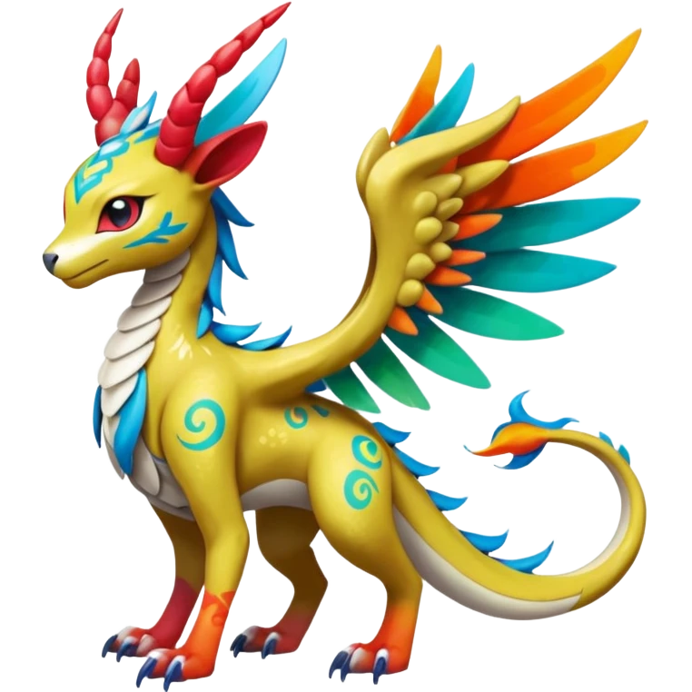 Tribal Colorful Exotic Dutch-Angel-Dragon-Fionbri-Kalon-Falvie-Vernid-Meloetta-Pokémon-Fakémon-Digimon-Spectrobe-hybrid-fusion, full body, with painted paint splash markings  emoji