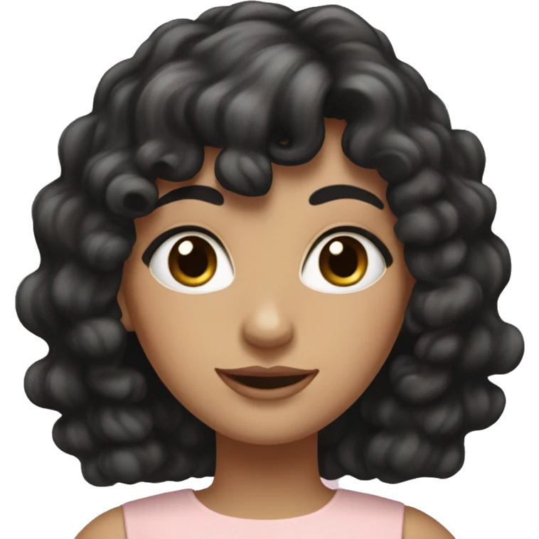 White woman with long black curly hair and bangs and dark brown eyes, wearing a pastel pink dress emoji