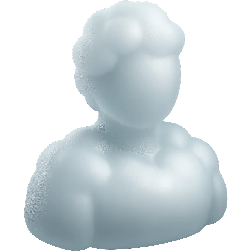 shoulder-up person fully made of white fluffy convex clouds, matte glass style emoji