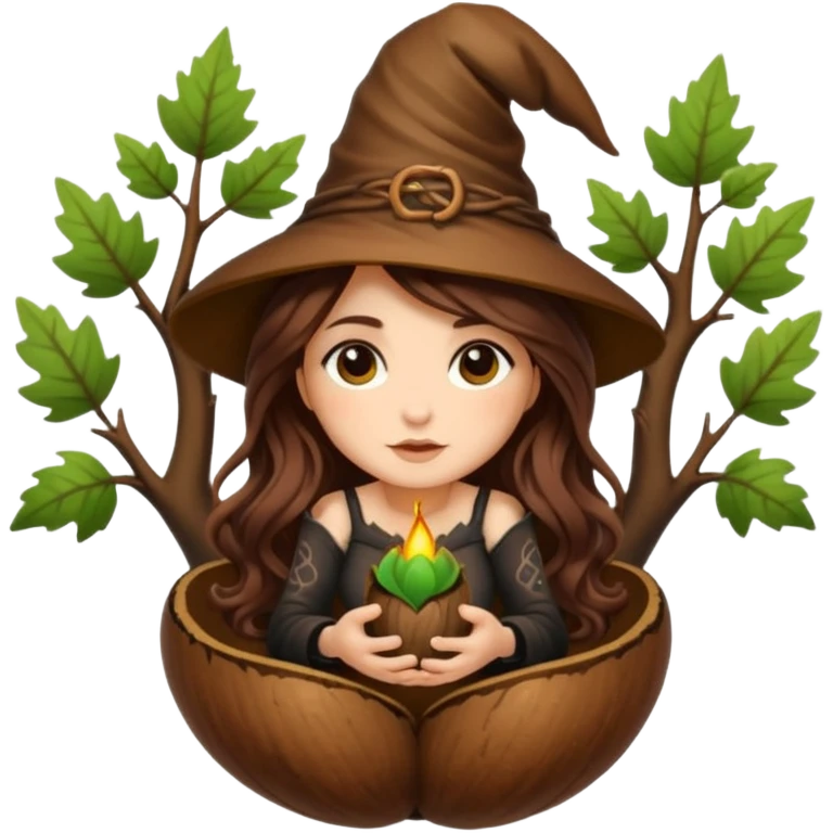 cute forest witch woman long wavy brown hair tattoos sitting inside acorn emoji