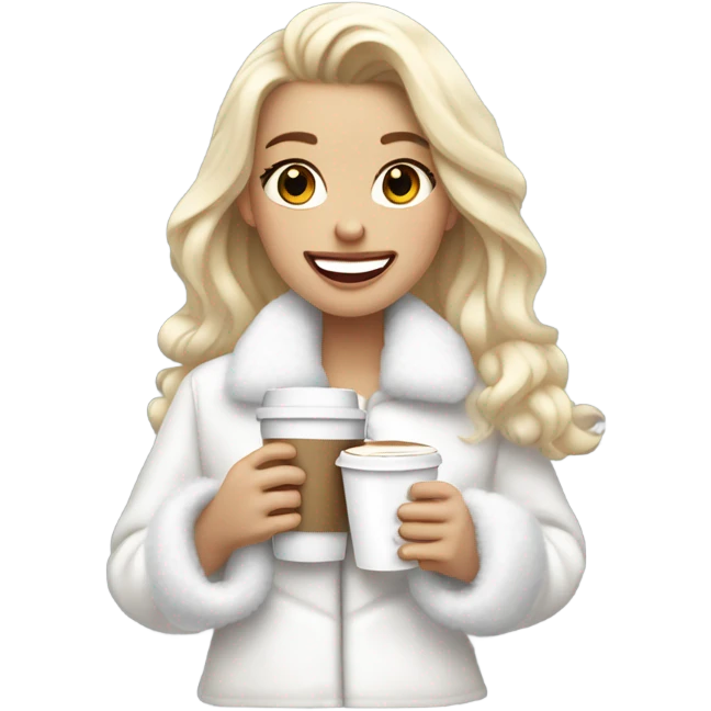 pretty blonde girl wearing white fluffy jacket and a coffee to go in hand all dress white and a white bow on hair emoji