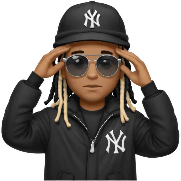 African American man with shoulder length black dreadlocks wearing black sunglasses with black bubble winter coat wearing a New York Yankees baseball hat with his hands on top of head in thinking position emoji