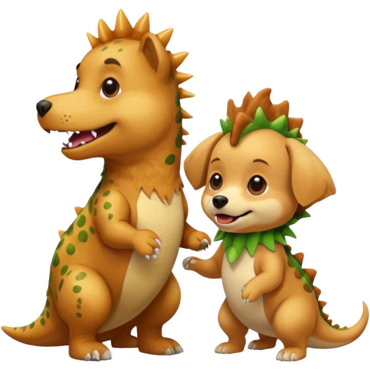 a golden retriever with a dinosaur costume thats unaliving a chihuahua thats in a dinosuar costume emoji