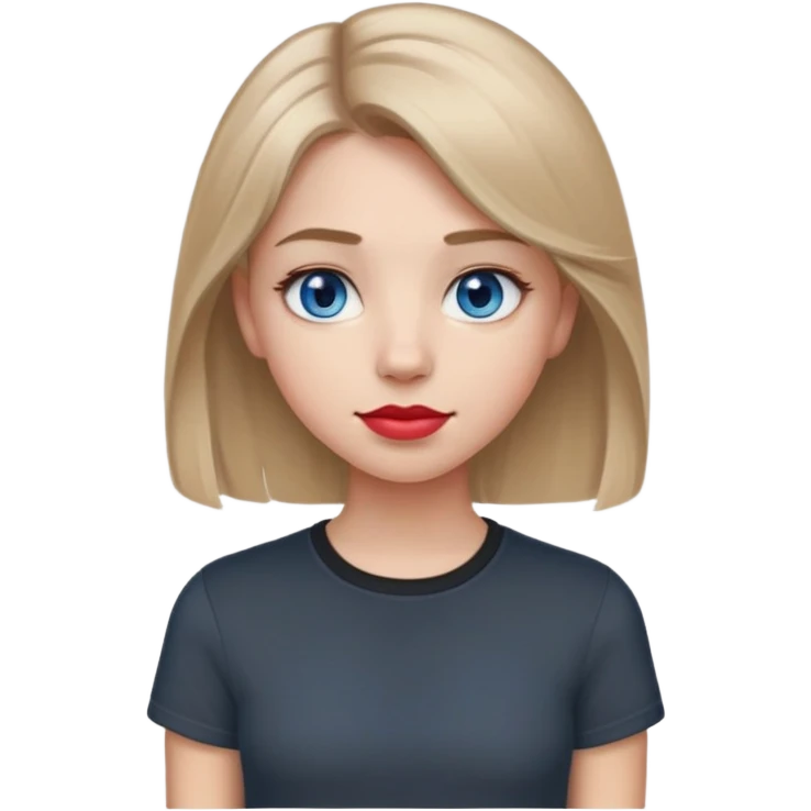 Emoji teenage girl, ash darker almost brown blonde hair, blue eyes, black shirt, hair a little longer than over shoulders, red pinkish lips, blue grey eyes emoji
