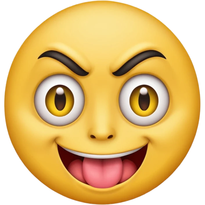 A yellow round face emoji smirking with its tounge out but the eyes are evil and kind of crazy and the eyebrows are turned in but one is raised  emoji