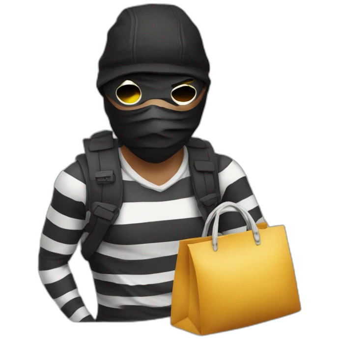 a bandit in striped clothes and a black mask over his eyes, carries a bag of money behind his back emoji