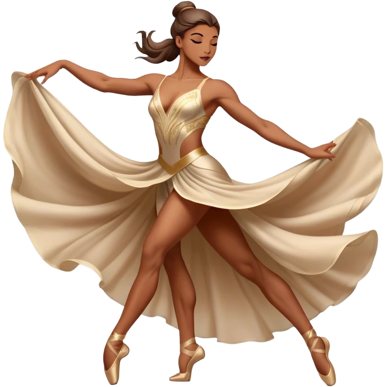Cinematic Realistic Dance Poses, an elegant dancer mid-motion, muscles tensed with control, soft fabric of their attire flowing with movement, dramatic lighting highlighting the graceful lines, glowing with passion and poise. emoji